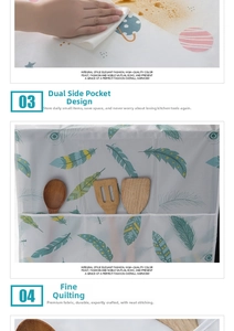 Detail of quilted refrigerator cover with side storage pockets and blue feather pattern