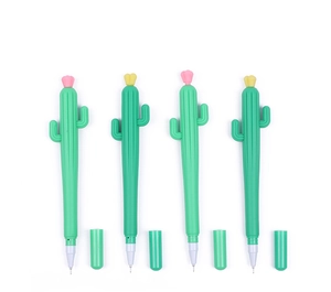 Close-up of four green cactus-shaped gel pens with colorful flower toppers on white background