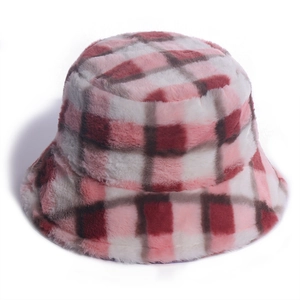 Winter checkered plush bucket hat for women in pink and red faux fur patterns