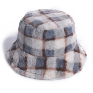 Stylish cozy plush plaid bucket hat with grey and white checkered pattern for winter