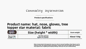 Specifications of the gnome Christmas tree topper featuring hat, nose, and glove details