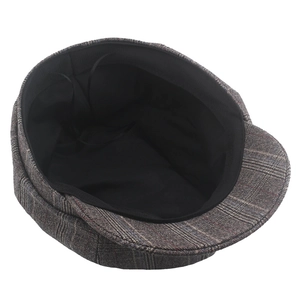 Plaid newsboy cap in grey tweed with red and blue lines, featuring adjustable inner drawstring