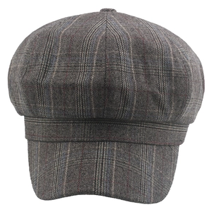 Vintage dark grey plaid newsboy cap for women with thick fabric and octagonal design
