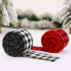 Two rolls of 2m buffalo plaid ribbons in red-black and white-black for Christmas decor