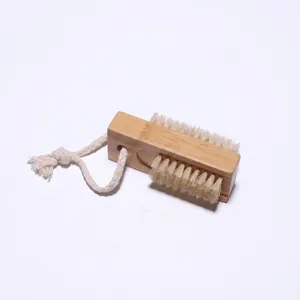 Dual-sided wooden nail brush with natural bristles and hanging rope for manicure cleaning