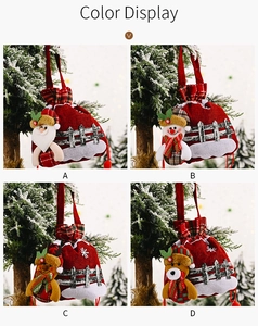 Detailed grid of Christmas burlap gift bags featuring Santa, snowman, elk, and bear motifs