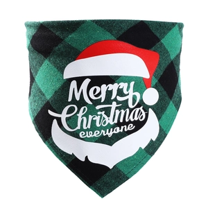 Green and black plaid cotton dog bandana with Merry Christmas everyone text and Santa Claus