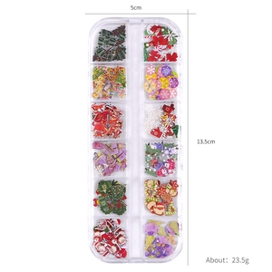 Christmas nail art wood pulp slices set in 12-grid box with festive snowflake and tree shapes