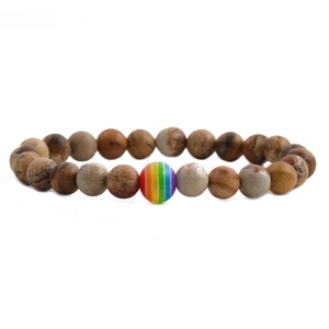 Detailaufnahme der Natursteine Tigerauge und Regenbogen-Perle auf dem elastischen Armband