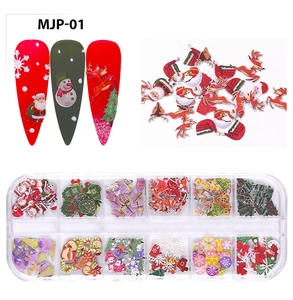 Detailed 12-grid nail art kit featuring colorful Christmas wood pulp flakes and patterns