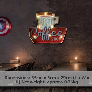 Vintage coffee cup LED wall lamp with industrial finish and hot coffee shop logo