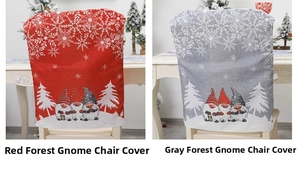 Detail of red and grey Christmas gnome chair covers with snowflake and pine tree patterns