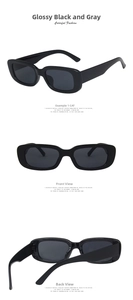 Three-view display of narrow rectangular sunglasses with black frames and dark grey lenses