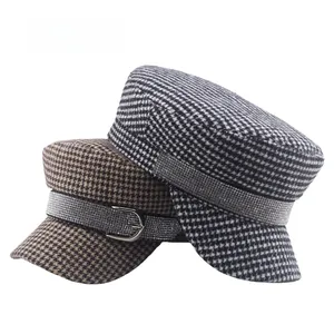 Houndstooth baker boy hat set with rhinestone band and buckle in black and brown