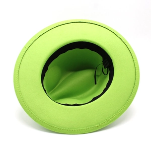 Detail shot of neon green wool fedora interior with sweatband and cotton polyester label