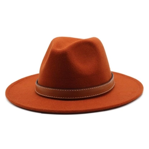 Classic burnt orange wool fedora hat with wide brim and brown leather decorative band