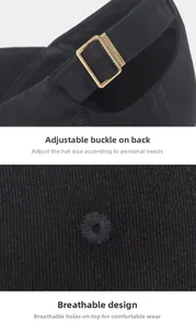 Detail of black cotton baseball cap showing adjustable metal buckle and embroidered eyelets