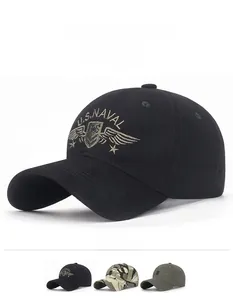 Detail of cotton camo baseball cap featuring U.S. NAVAL embroidery and breathable eyelets