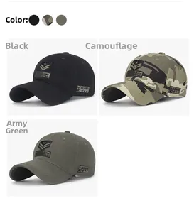 Detailed views of cotton military baseball caps with Airforce and U.S. Army embroidery