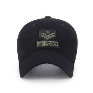 Classic black cotton baseball cap with Air Force embroidery and star military patches