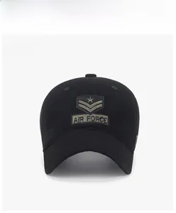 Detailed front view of black cotton baseball cap featuring embroidered Air Force insignia