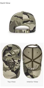 Détails de la casquette de baseball camouflage montrant la boucle, le haut et l'intérieur