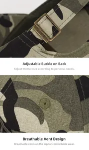 Détail de la boucle en bronze ajustable et des œillets brodés sur la casquette camouflage