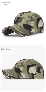 Detail view of camouflage cotton baseball cap featuring U.S. ARMY embroidery and shield logo