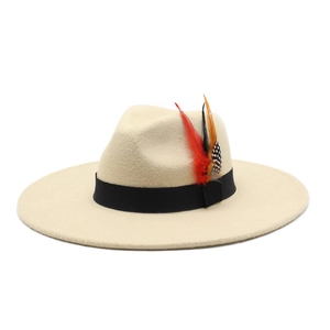 Beige wool jazz fedora hat with black decorative ribbon and stylish colorful feathers
