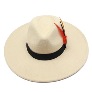 Classic cream wool felt wide brim fedora hat with black ribbon and feather detail