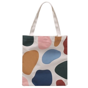 Minimalist beige canvas tote bag with abstract colorful patterns for shopping and gifts