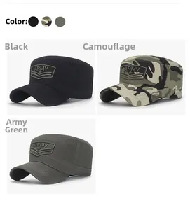 Flat top cotton cadet caps in black, camo, and army green with embroidered army patch