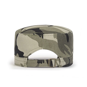 Adjustable jungle camouflage flat top military cap with metal buckle on white background