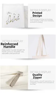 Detailed view of duck print, reinforced handles and smooth metal zipper on white canvas bag