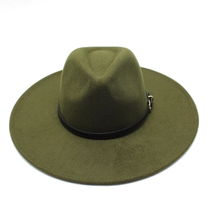 Detail of army green wool fedora hat featuring black leather band and gold metal buckle