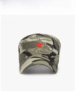 Detailed close-up of camouflage military flat top hat with red star embroidery