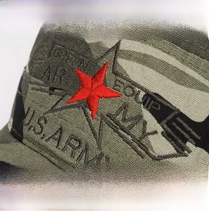 Close-up of military camo cap with red star embroidery and U.S. ARMY printed text