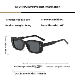 Detailed technical specifications and dimensions of Y2K square frame sunglasses