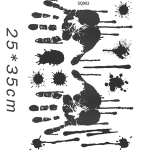 Macro shot of Halloween blood handprint tattoo sticker with realistic black splatter details