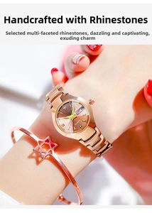 Women's rose gold quartz watch set with rhinestone markers and a hexagram bracelet