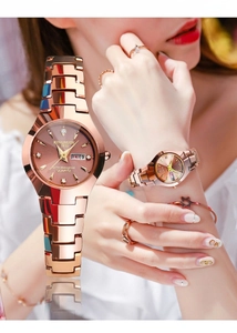 Women Quartz Watch Alloy Strap Waterproof Luminous Day Date Display Rhinestone Markers Elegant Fashion Wristwatch