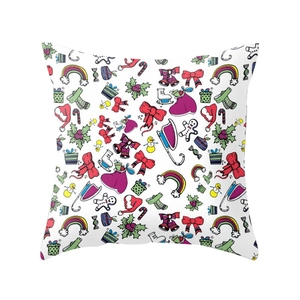 Festive Christmas polyester pillowcase with colorful rainbow, snowman, and gingerbread icons