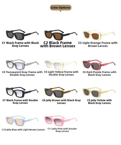Collage of square narrow frame Y2K sunglasses in various trendy colors and tinted lenses