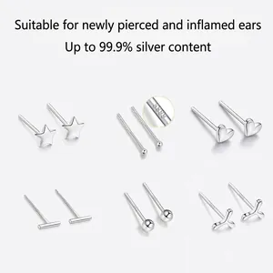 S999 Sterling Silver Stud Earrings Minimalist Geometric Star Moon Heart Butterfly Hypoallergenic Jewelry For Women