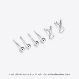 Set of S925 sterling silver stud earrings featuring X-letter shape and 3mm ball designs
