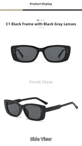 Detail view of black rectangular Y2K sunglasses with silver metal stud accents and dark lenses