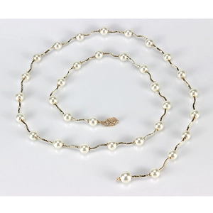Elegant gold chain waist belt with round white pearls and crystal leaf clasp for women