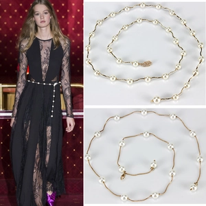 Elegant Faux Artificial Pearl Chain Belt Gold Metal Waist Chain With Rhinestone Leaf Buckle For Women Dresses