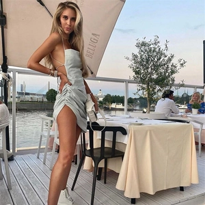 Sexy light green backless halter dress with irregular slit and ruched details