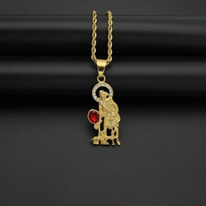 Hip hop gold saint pendant necklace with red gemstone shield and twisted rope chain